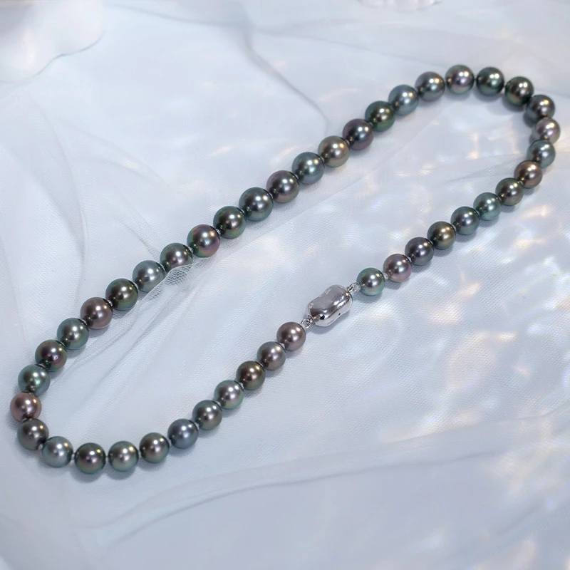 大溪地黑珍珠海水南洋黑珠带真科研大证项链8.7-10.7mm强光S925银