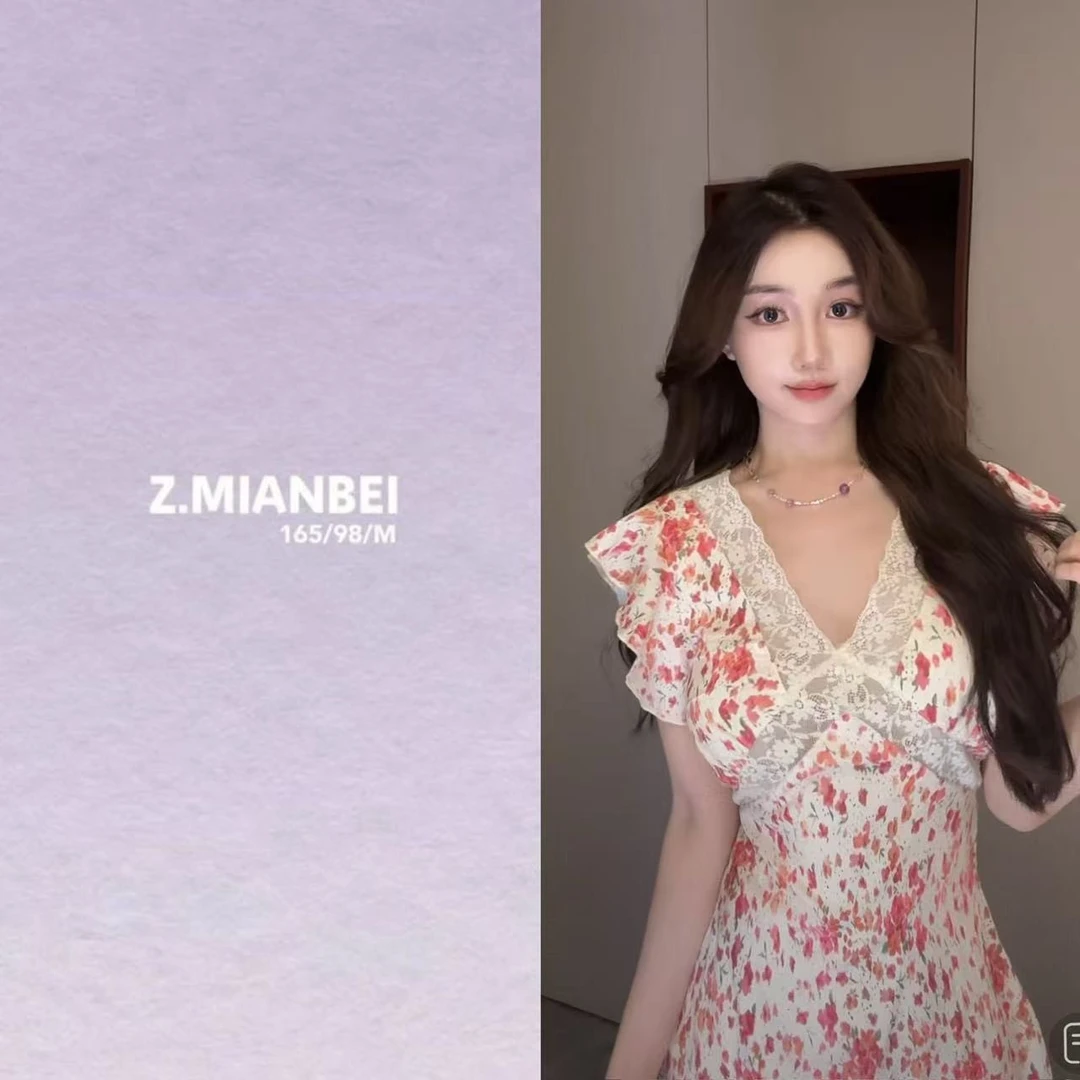 张棉被【斯佳丽】碎花蕾丝v领小个子绝美修身度假风连衣裙