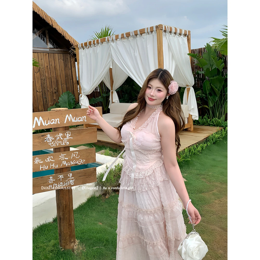 CD.soul【甜桃杏蝶】微胖甜妹仙女温柔收腰挂脖吊带加仙气长裙套装