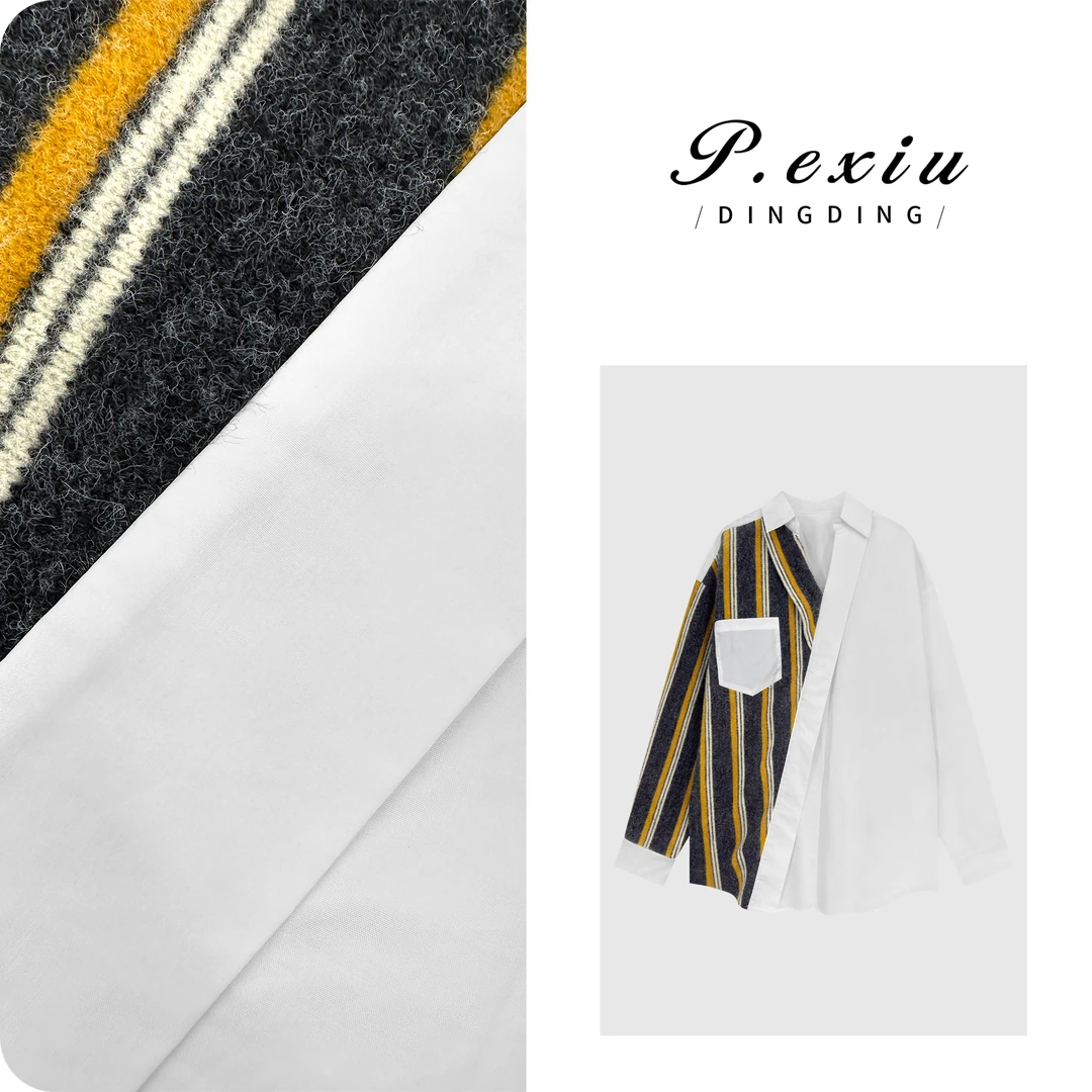 100%棉小众设计条纹撞色针梭织拼接V领翻领衬衫W-63623