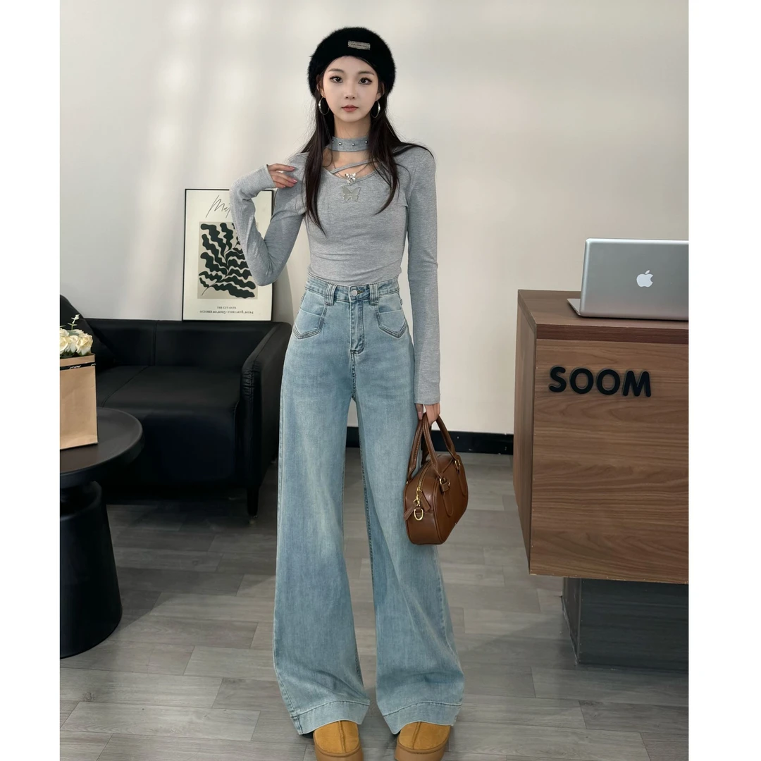 春季新款显瘦高腰宽松微喇百搭休闲直筒牛仔拖地裤#2378