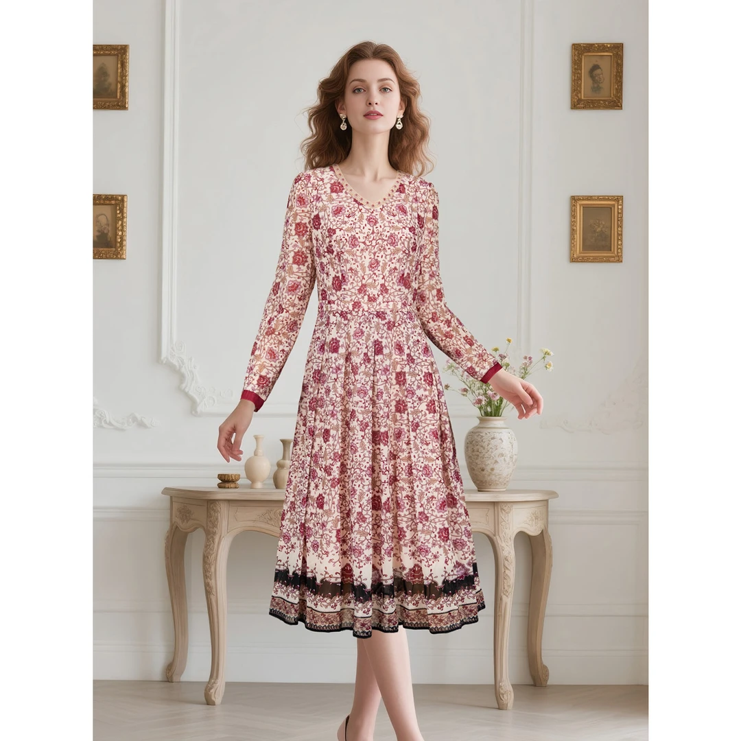 秋季显瘦碎花连衣裙收腰中长款妈妈装-68413