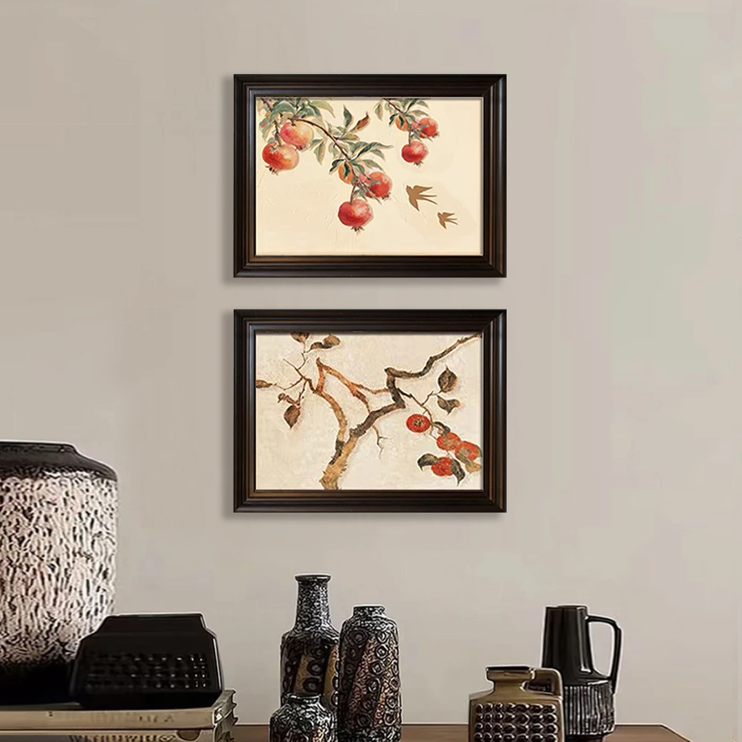 《柿红榴香》中古风餐厅装饰画手工油画新中式玄关挂画客厅艺术挂画