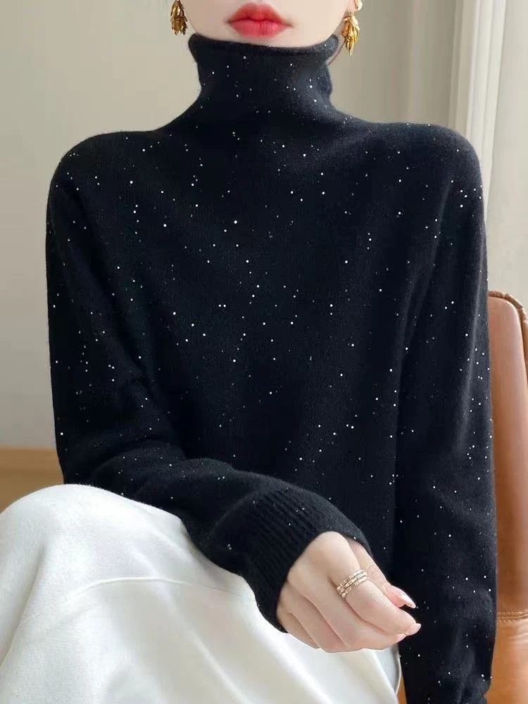 QianRH-9824冬季新款100%羊毛百搭修身堆堆领针织衫打底