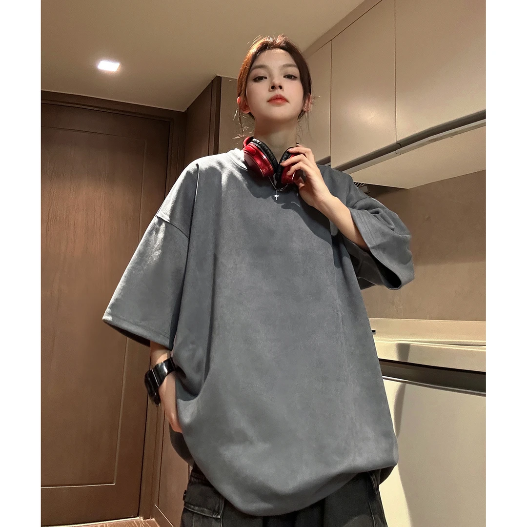 深灰色重磅t恤男夏季仿麂皮绒短袖美式高街复古七分袖cleanfit