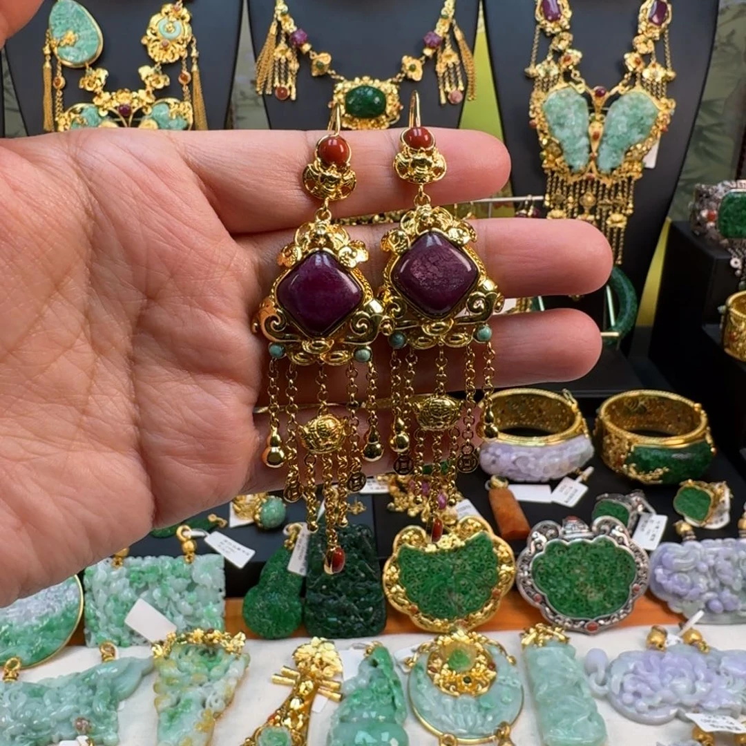 银S925镀金镶嵌红宝石颈饰红宝石耳坠