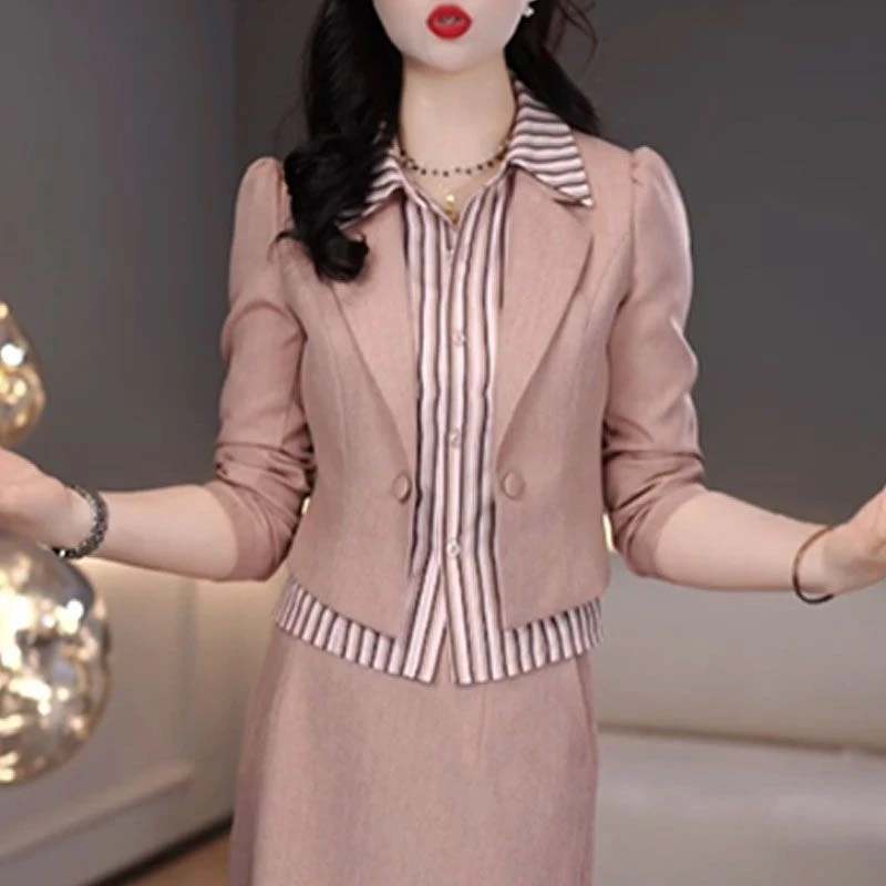 2026春季新款洋气显瘦POLO领条纹拼接假两件上衣+半身裙两件套装