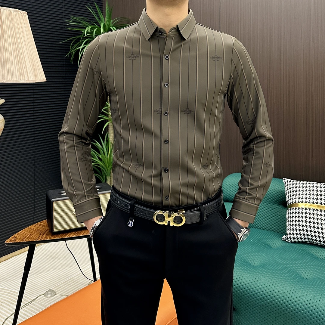 【娟娟男装】2025加绒加厚冬季时尚竖条英文提花显瘦翻领长袖衬衫