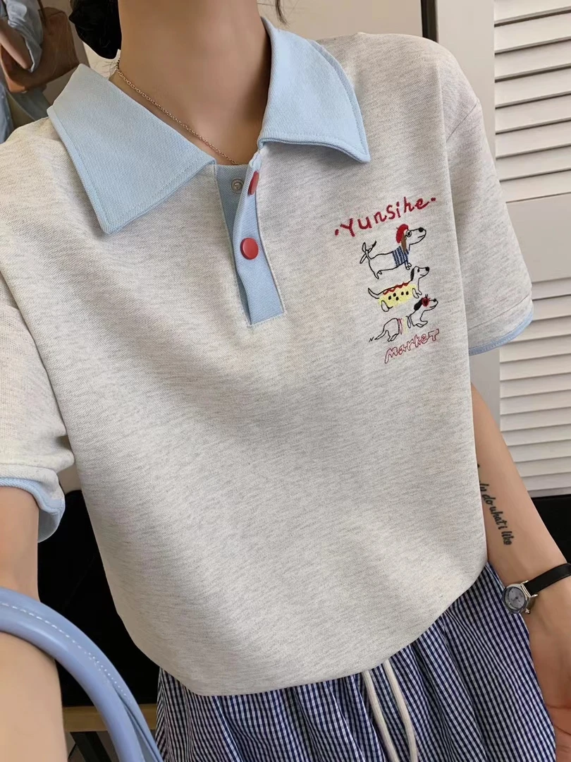 【1687】夏季新款百搭显瘦时尚设计线条狗POLO领刺绣T恤
