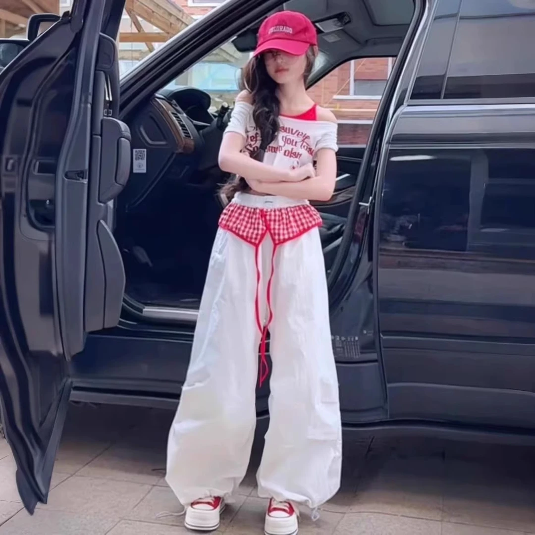 女童夏装白色屁帘工装裤一字吊带衫短袖辣妹大儿童爵士舞甜酷套装