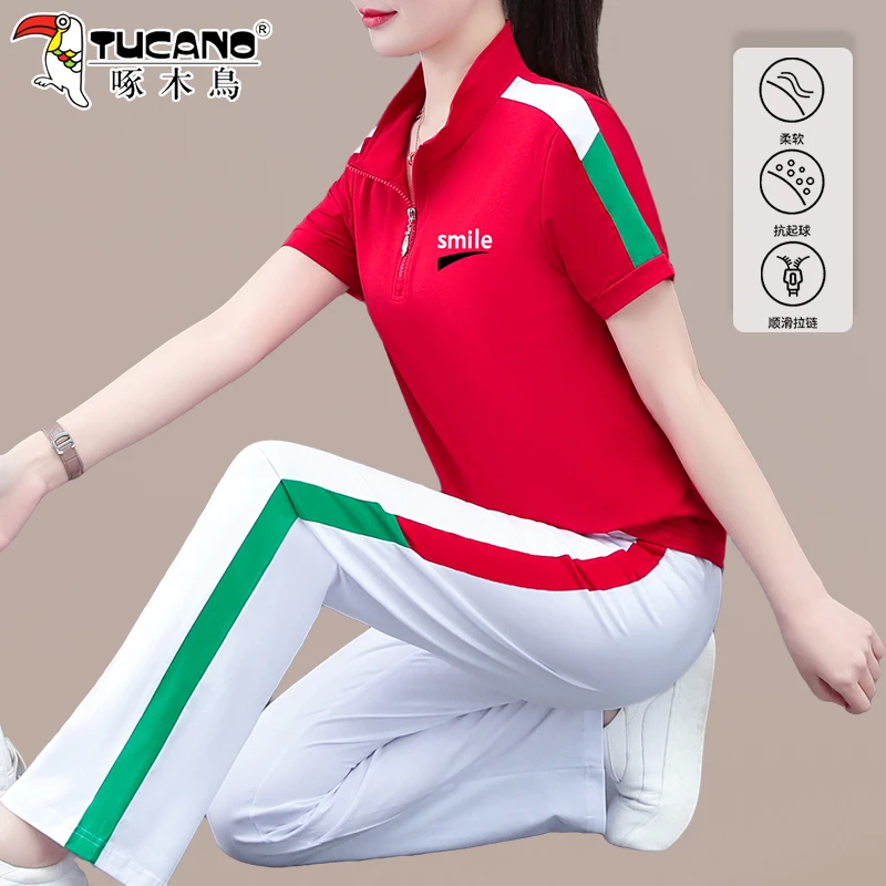 啄木鸟棉短袖运动套装女2025新款夏季妈妈装洋气广场舞服两件套