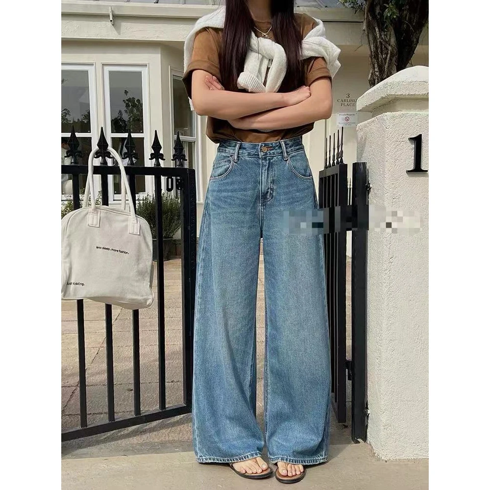 508牛仔裤女夏新款显瘦蓝色阔腿裤夏季