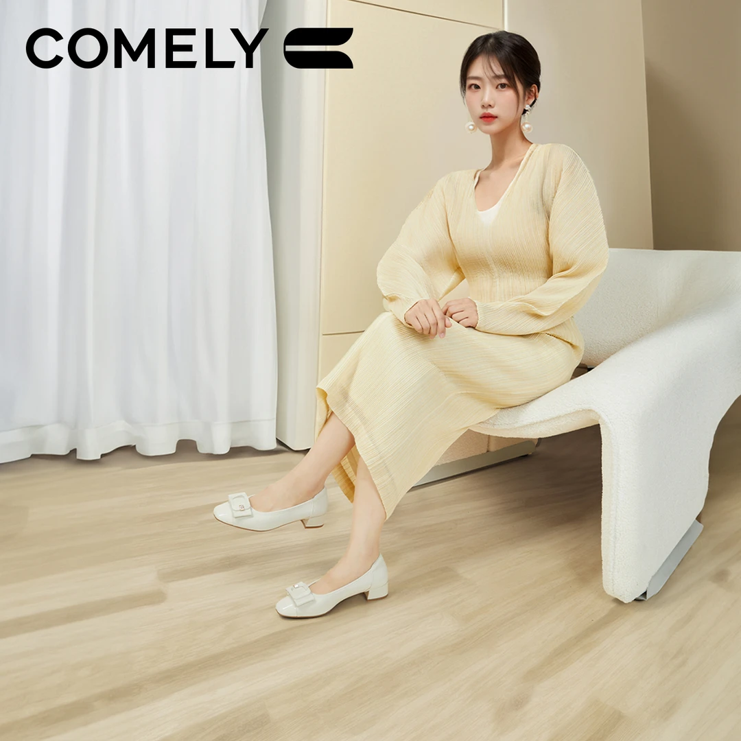 【康莉COMELY】KYQ5A035真皮粗跟单鞋女舒适百搭气质浅口方头高跟鞋