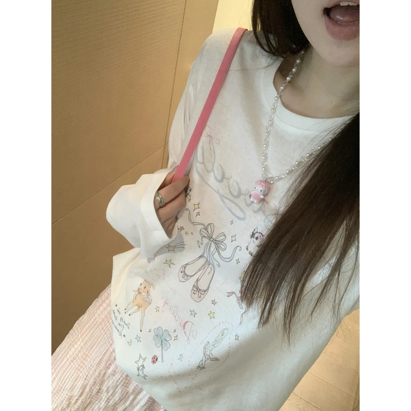 小沈美眉 甜心少女 卡通字母印花长袖T恤夏宽松防晒罩衫上衣女