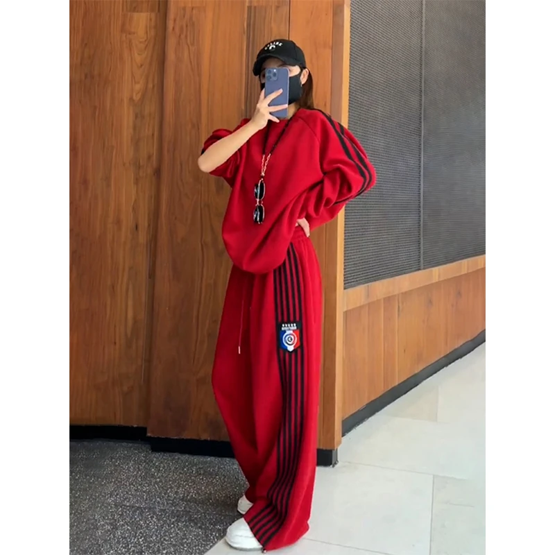 欧货时尚侧条纹宽松圆领卫衣运动套装女春季新款显瘦阔腿裤两件套