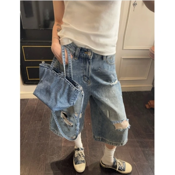 美式复古水洗破洞七分裤女2025夏季新款高腰牛仔短裤