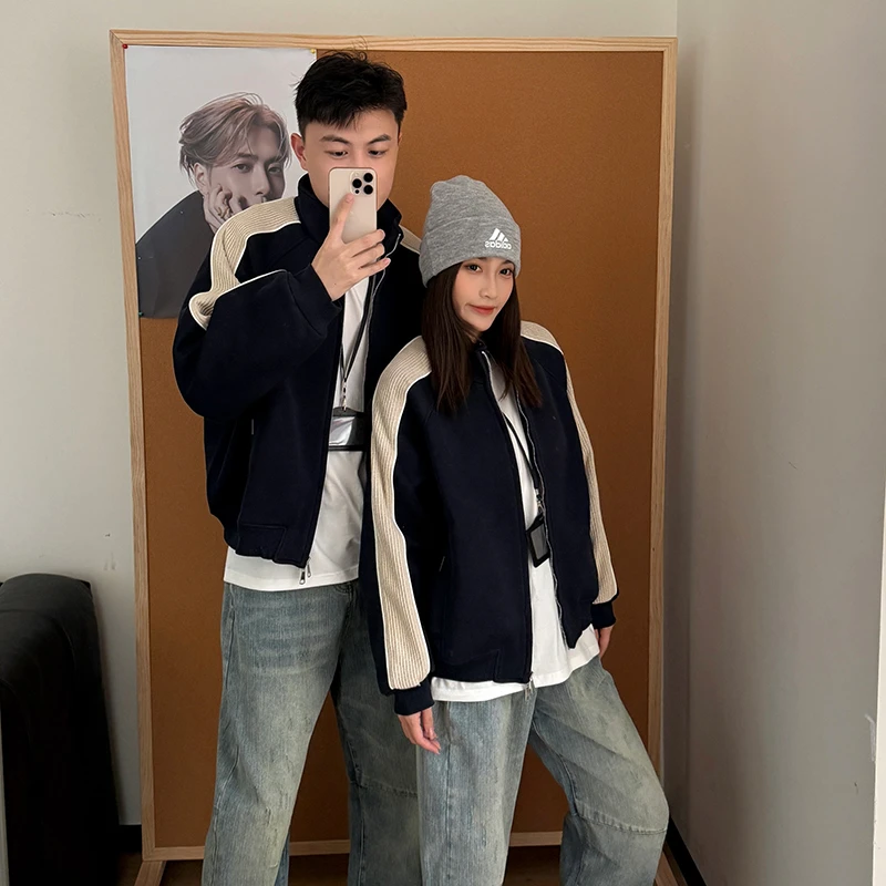 2025开衫卫衣男拼接撞色情侣外套百搭休闲条纹设计感上衣炸街韩版