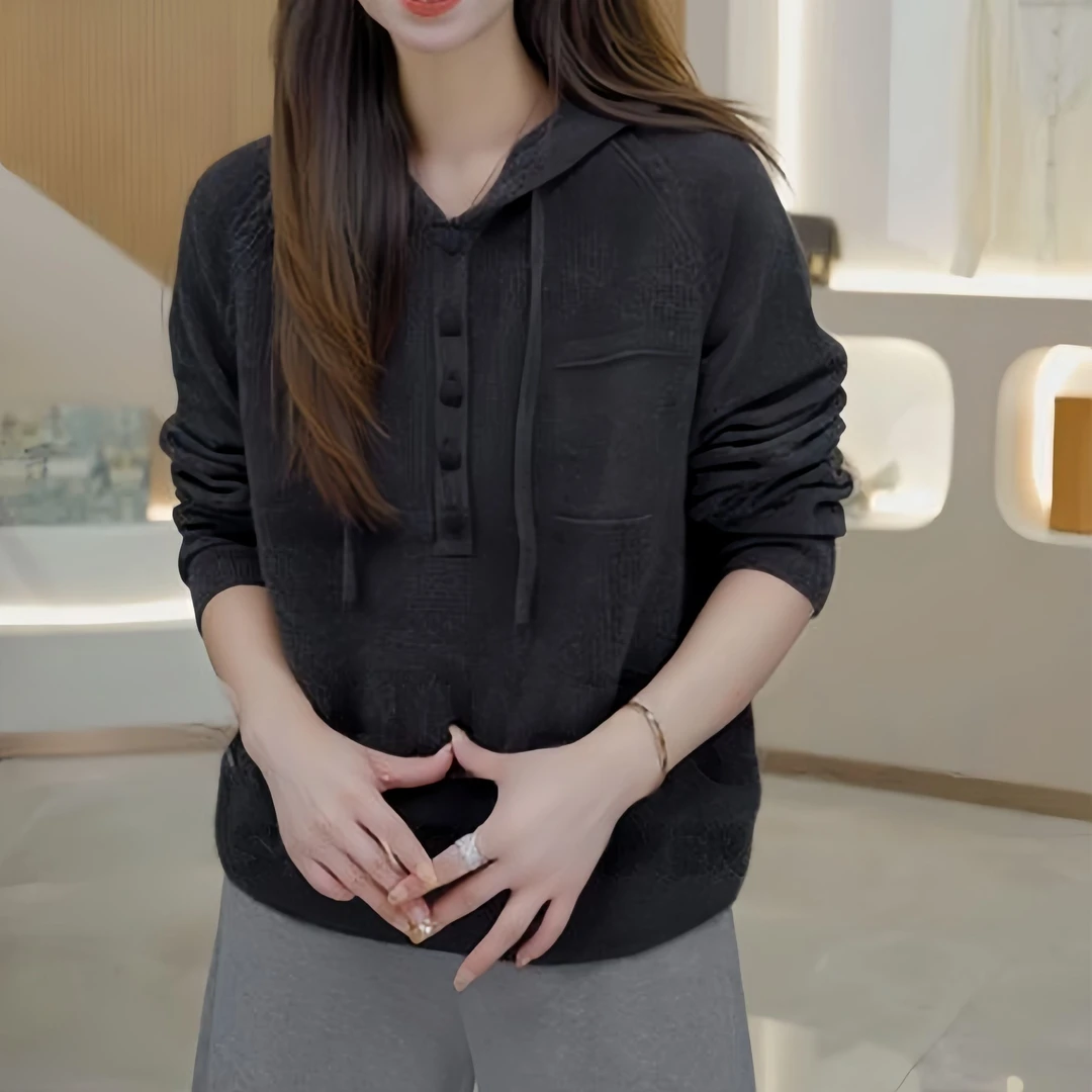 秋冬宽松慵懒连帽套头长袖针织衫外套女2025休闲百搭柔软保暖上衣