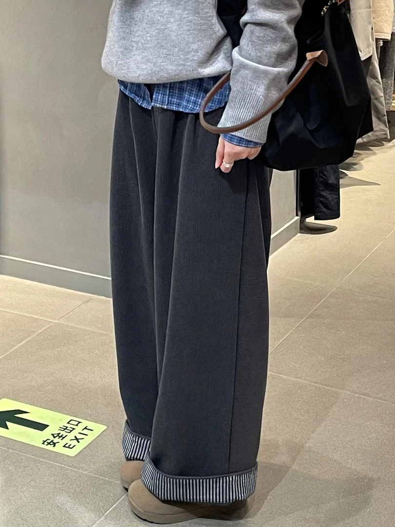 深灰色毛呢阔腿女秋冬加绒胖妹妹mm梨型身材高腰宽松显瘦休闲裤子