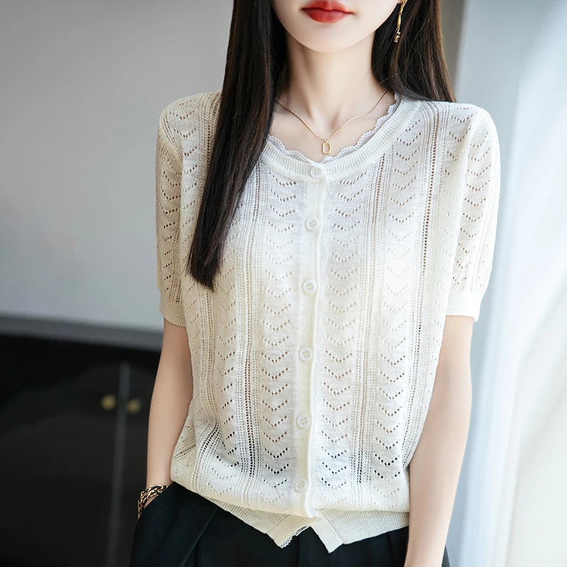 100%亚麻圆领针织开衫女短袖蕾丝边外搭时尚百搭宽松显瘦打底上衣