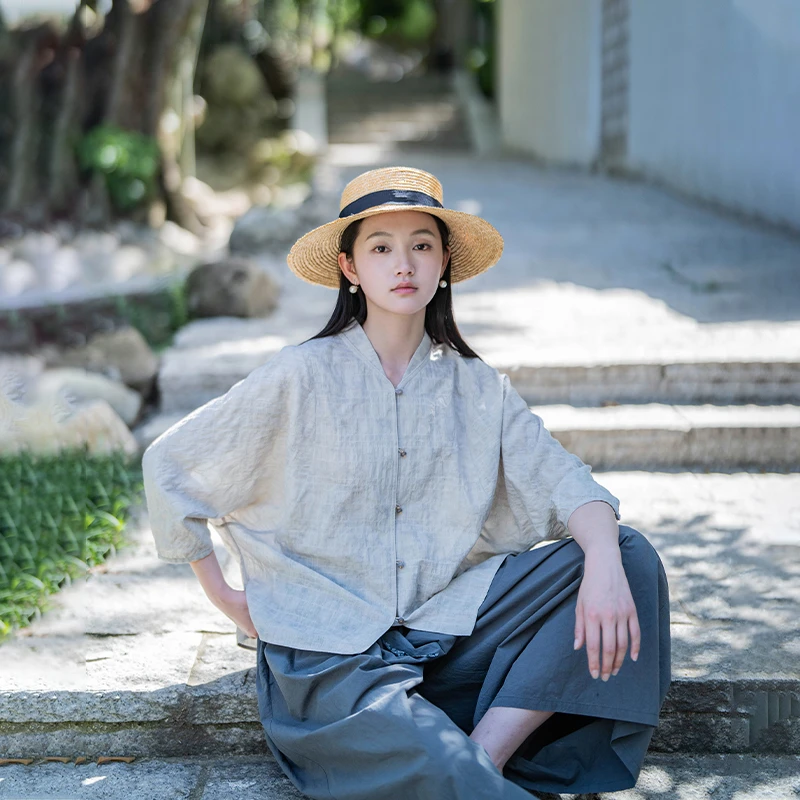 言作原创夏新品呼吸感弹力长绒棉绉布廓型休闲衬衫 她往月亮走 三