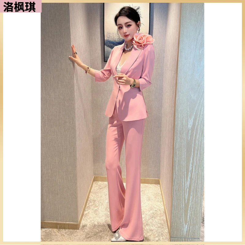 I高级感洋气减龄气质女神修身显瘦西服外套装女微喇叭裤长裤两件l