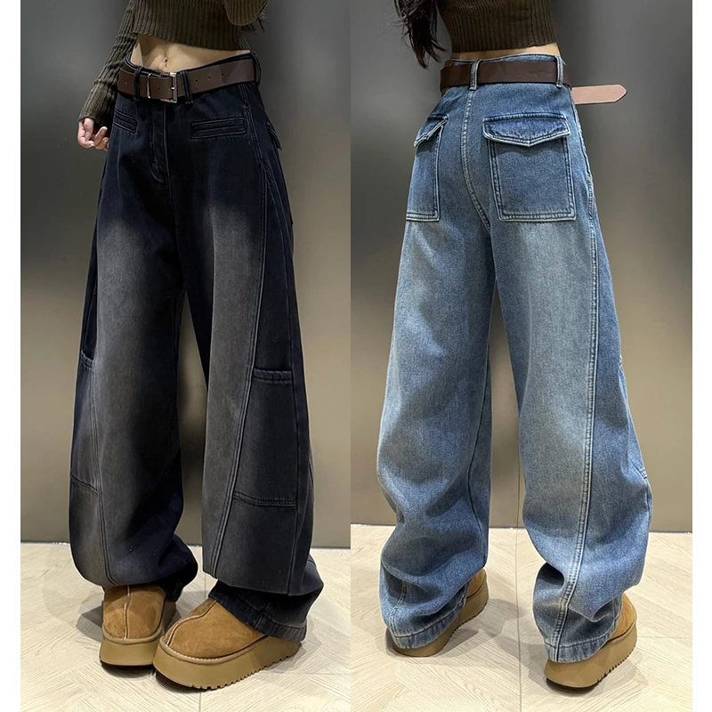 美式宽松显瘦牛仔裤女2025冬季新款加绒加厚阔腿裤百搭直筒拖地裤