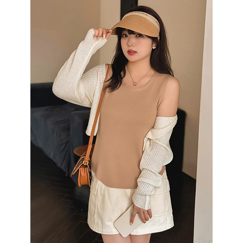 大码女装圆领修身百搭打底衫2024秋胖mm内搭针织背心吊带女21855