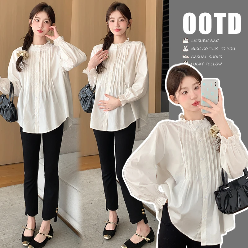 【晴晴】孕妇新款时尚白月光春装木耳边衬衫孕妇装春季两件套装