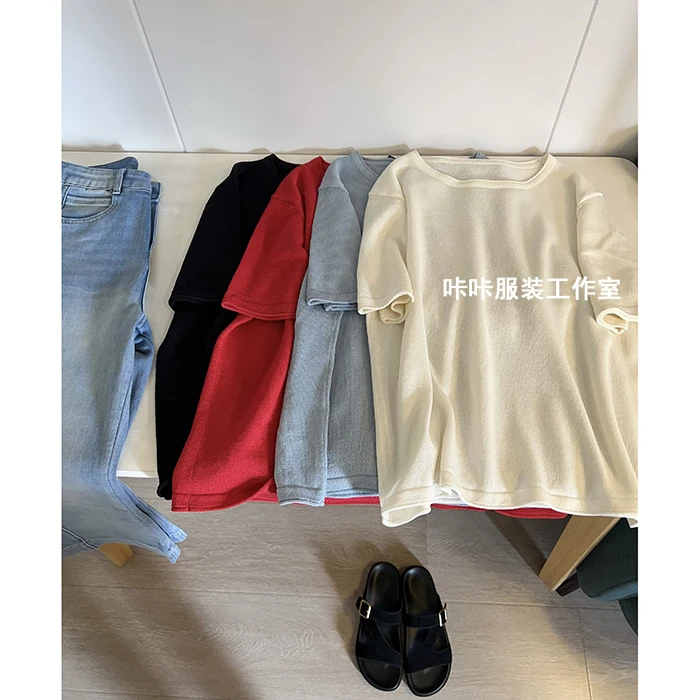 REKAYYAT“雨露”和纸砂韩系百搭复古简约时尚纯色短袖针织衫