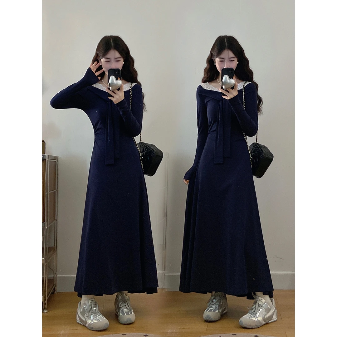 MO88ZSPF大码女装胖mm蕾丝拼接掐腰显瘦长袖连衣裙高级感气质长裙