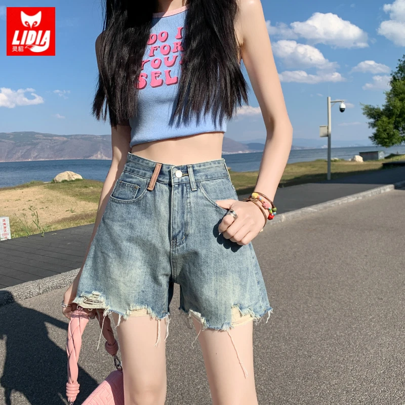 深蓝色高腰显瘦刺绣牛仔短裤女夏天外穿辣妹破洞毛边a字阔腿热裤