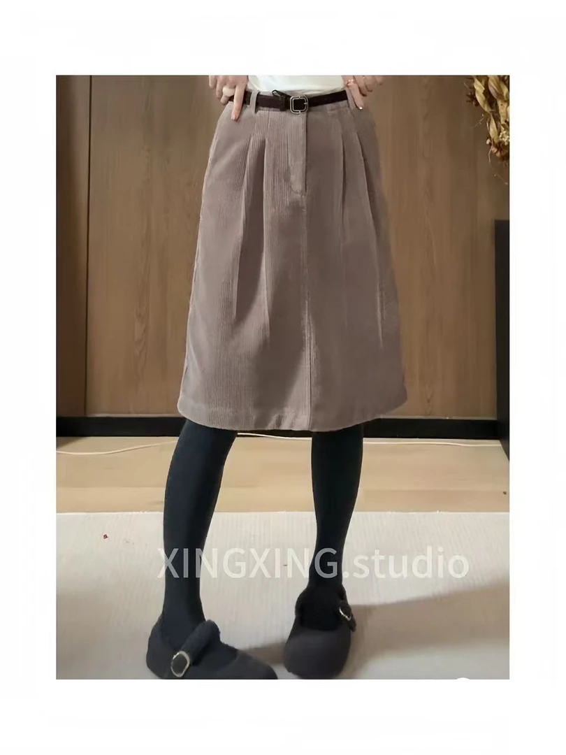 X.x.复古咖色灯芯绒花苞短裙女显瘦A字裙韩系时尚百搭半身裙353