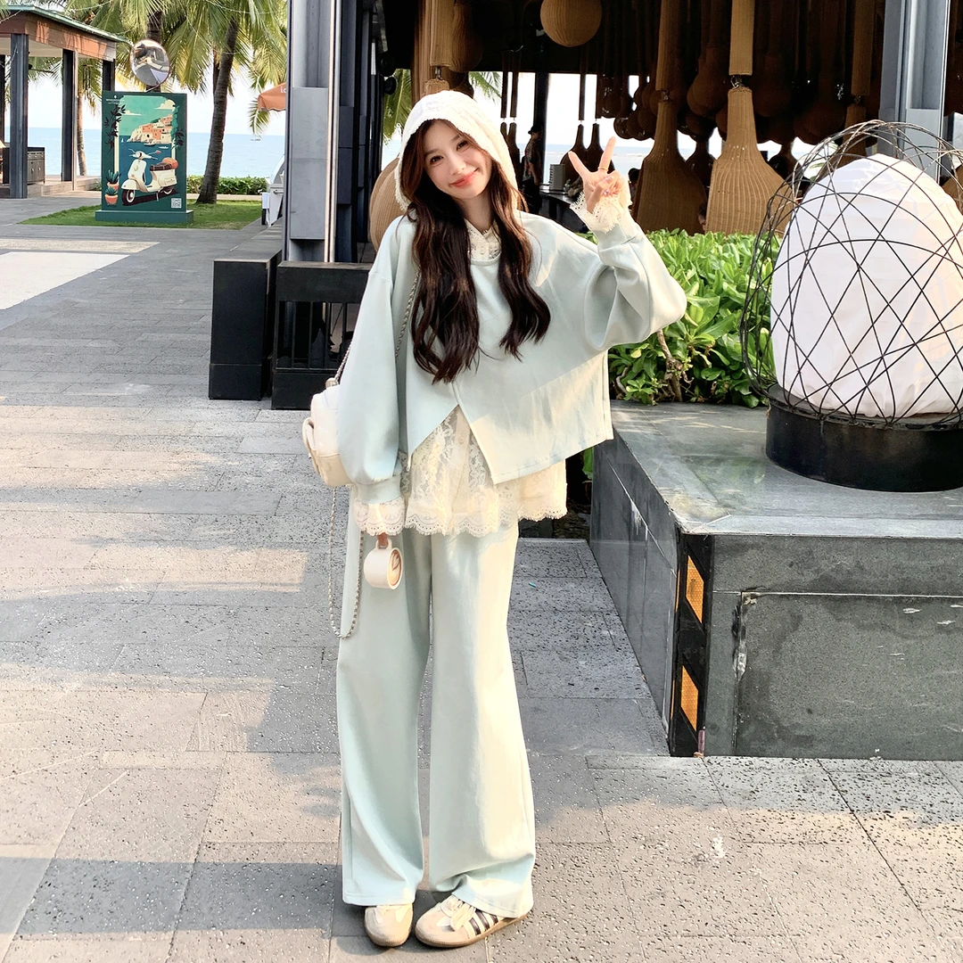 蓝色减龄慵懒风卫衣穿搭三件套女2025秋季蕾丝拼接上衣阔腿裤套装