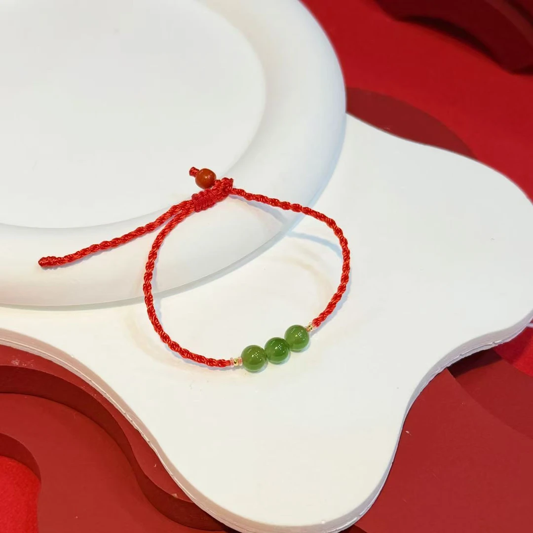 18K金配件6mm碧玉珠珠手绳红绳HNZ14931