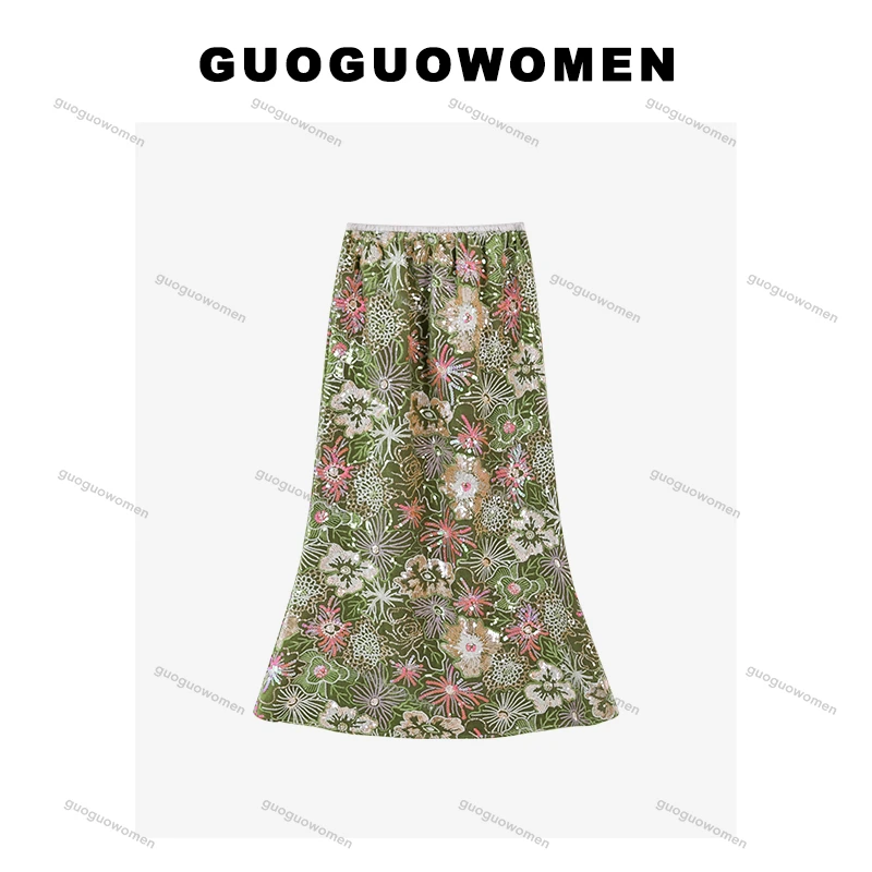 果果家 新中式女装鱼尾裙显瘦2025春季提花亮片气质重工半身裙