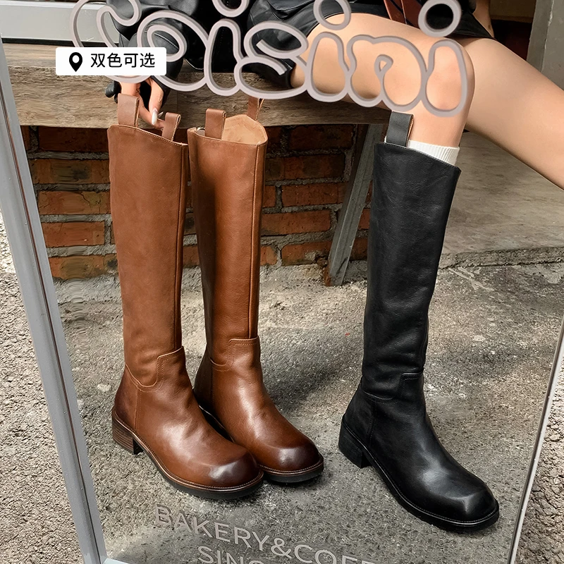 牛皮4.5cm/MK8999女鞋骑士棕色中筒靴粗跟时装靴复古过膝百搭