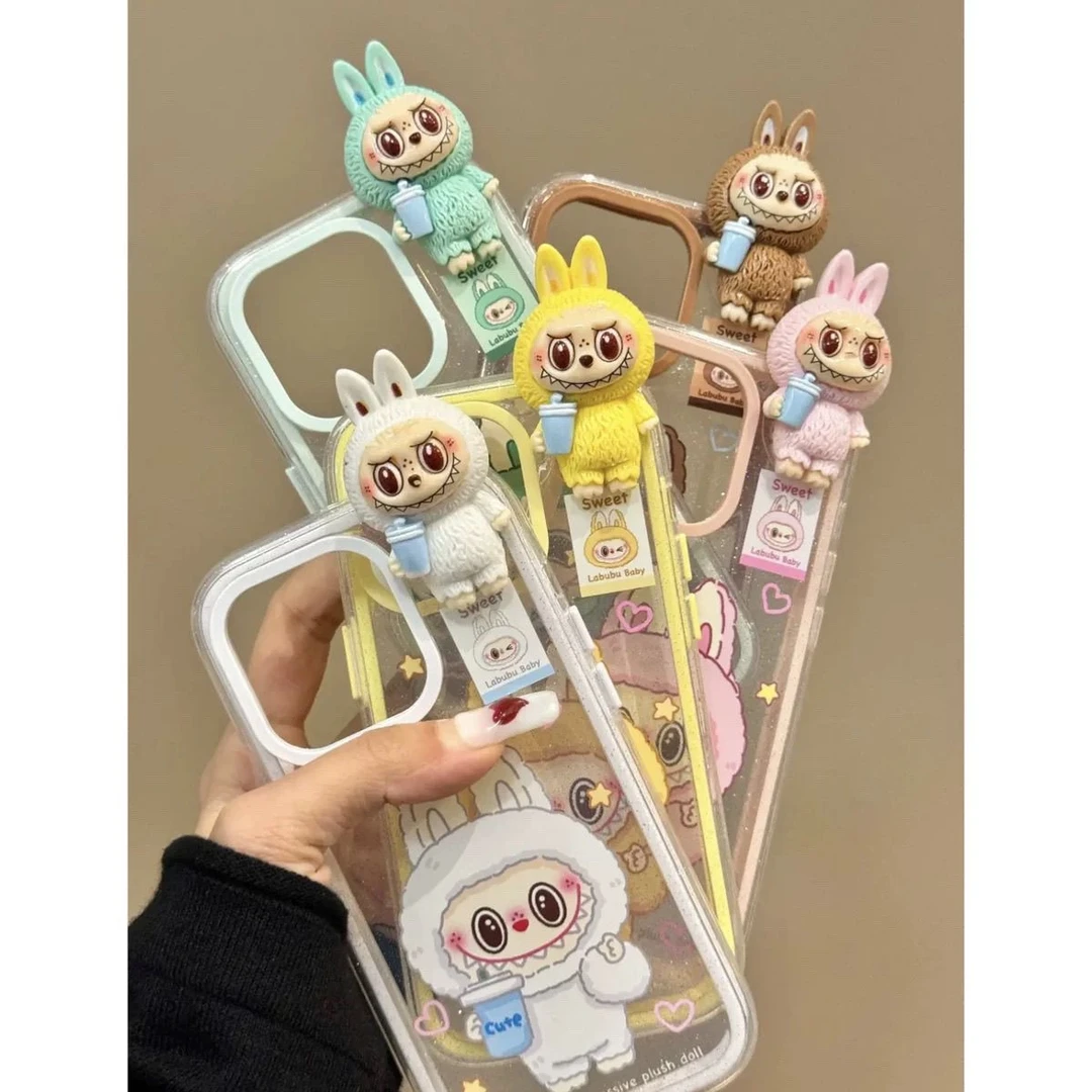 卡通彩色边框闪粉立体喝奶茶拉布布三合一适用苹果iPhone16promax