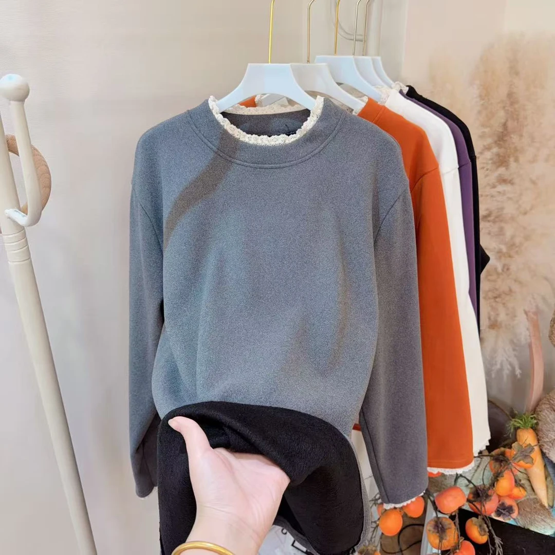 胖胖*9007新款蕾丝拼接花边百搭减龄加绒打底衫