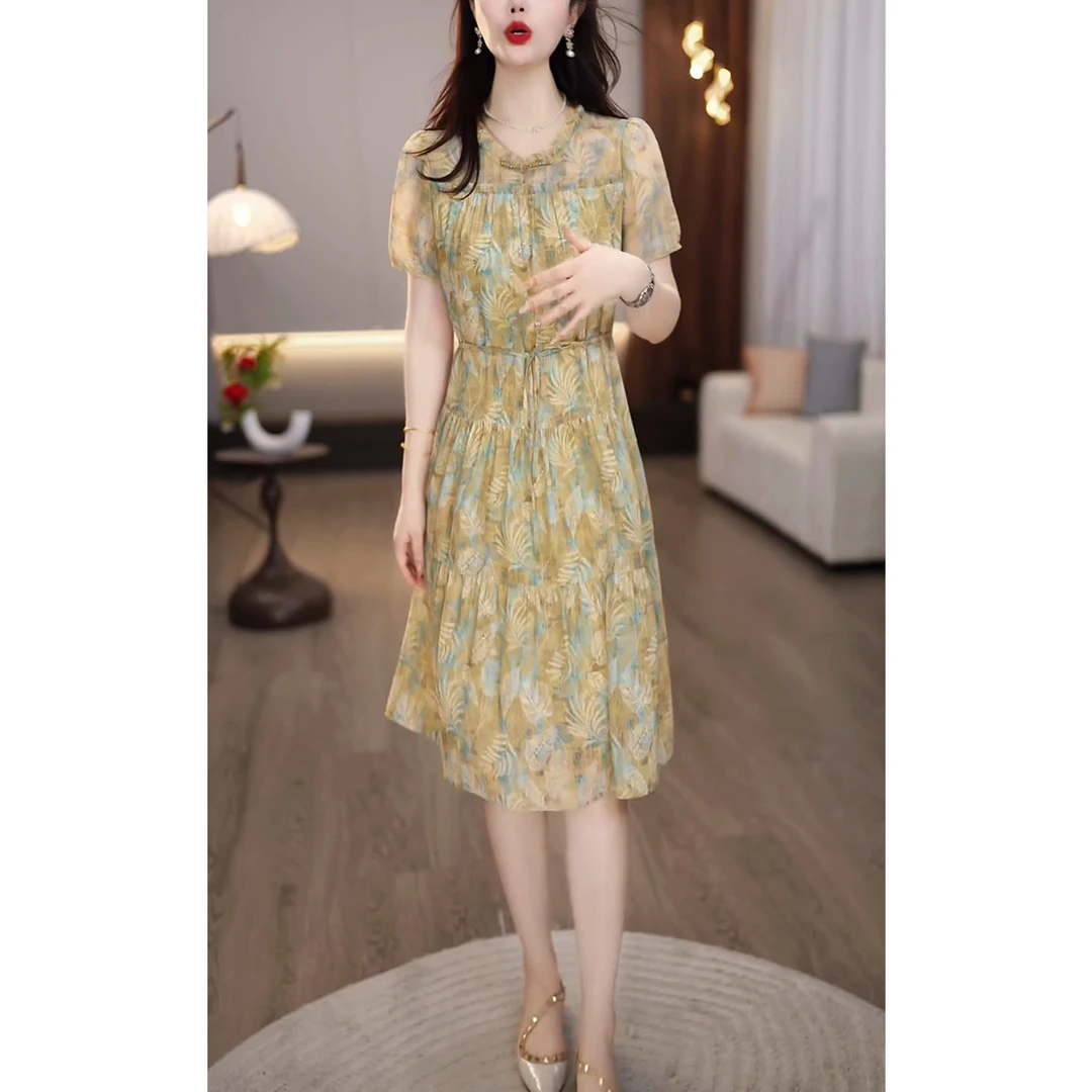 复古国风印花短袖连衣裙2025夏季新款收腰显瘦高级气质a字中长裙