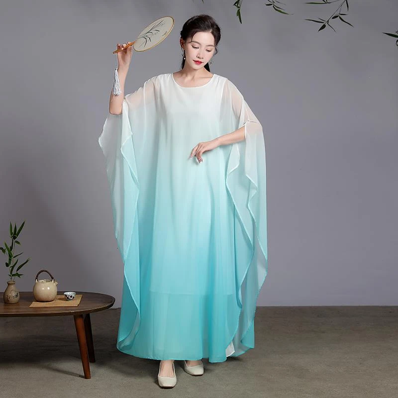 新款秋夏渐变大摆雪纺文艺复古仙气茶艺服禅意服舞蹈连衣裙女女
