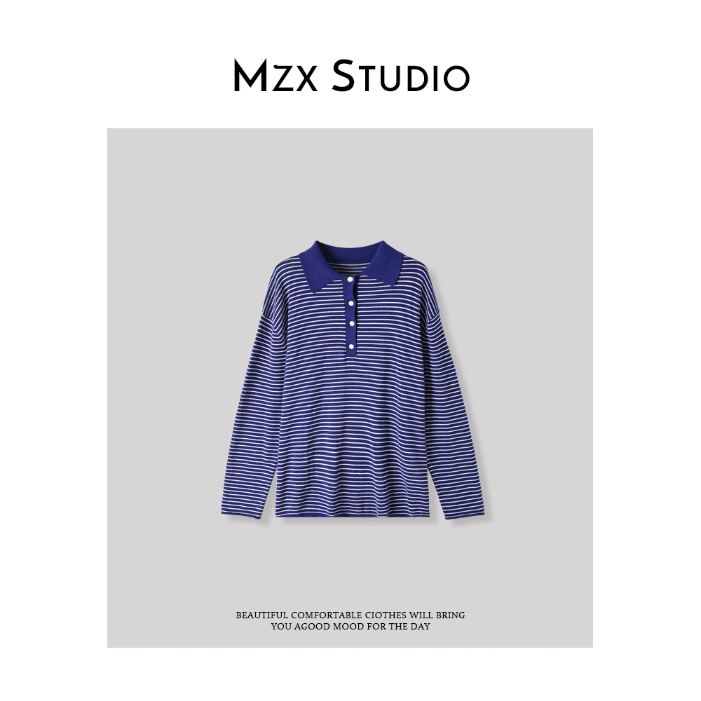 MZX 春季复古休闲控 棉麻蓝白条纹翻领Polo衫 SY7518-X