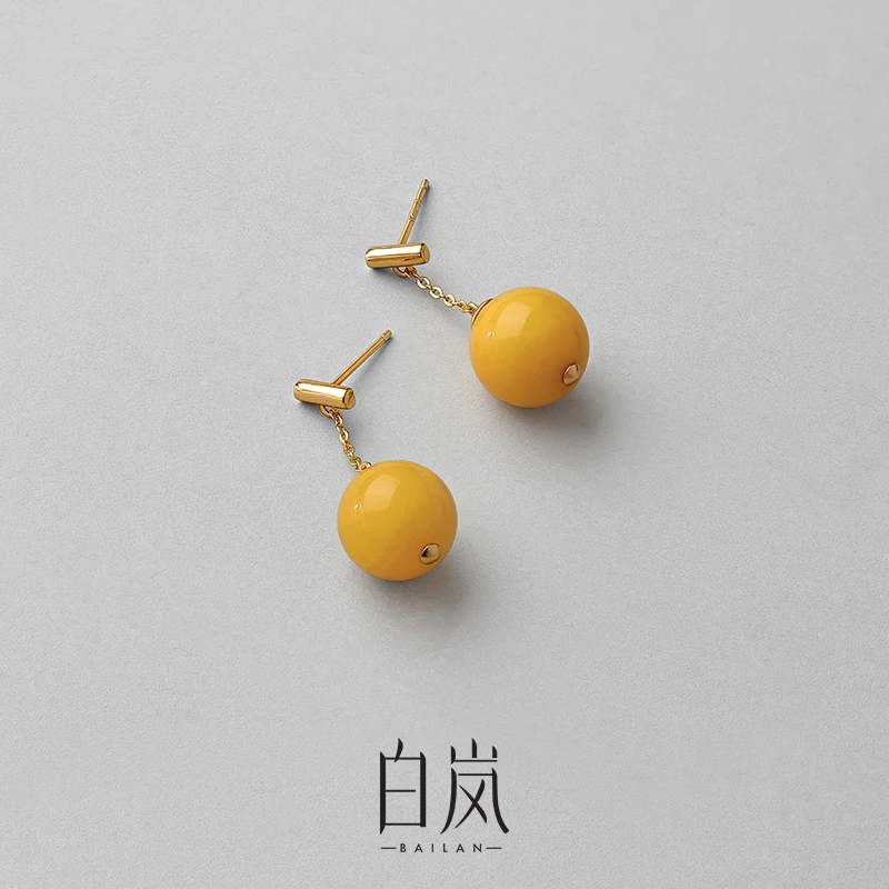 白岚蜜蜡耳坠女925银ins可爱新款轻奢气质长款复古耳环小众ED4161