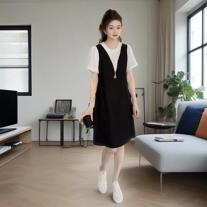 洋气高端休闲假两件中裙女2025年夏季新款遮肚显瘦妈妈短袖连衣裙