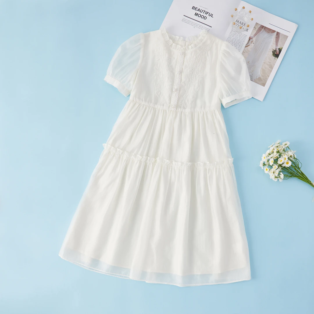 夏季连衣裙法式女千金风女装气质裙子刺绣白色女童白色连衣裙1071
