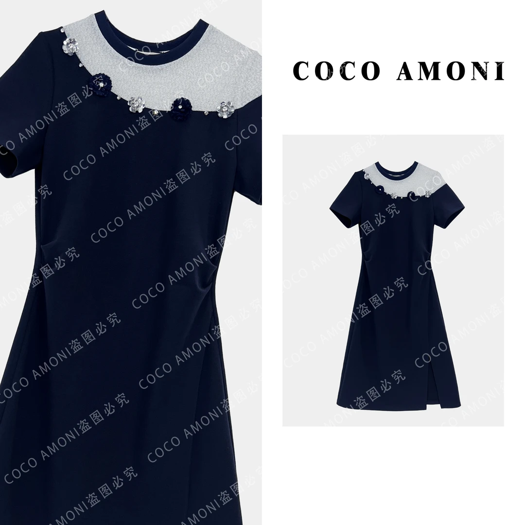 新款设计爆款高级感时尚女装拼接重工立体花朵显瘦连衣裙ZC290