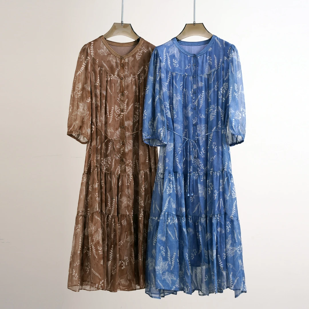 夏季新款真丝印花连衣裙女士气质长裙显瘦百搭优雅时尚宽松圆领中