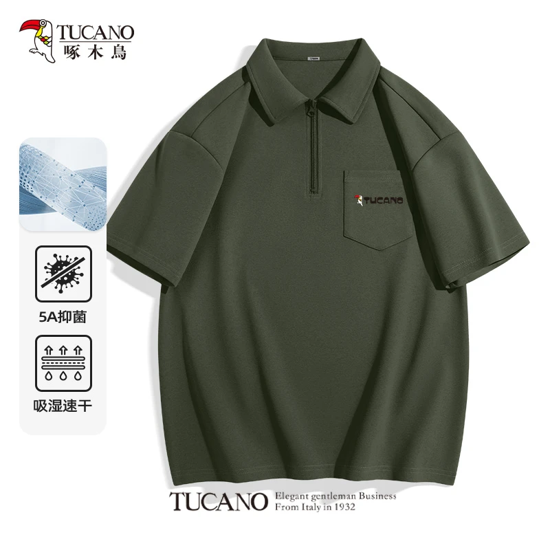 啄木鸟短袖polo衫男夏季2025新款翻领半拉链速干t恤抗菌透气体恤