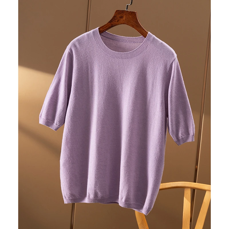 春天家 合体显瘦 法G高品质48支美丽诺羊毛圆领短袖针织衫女3W56