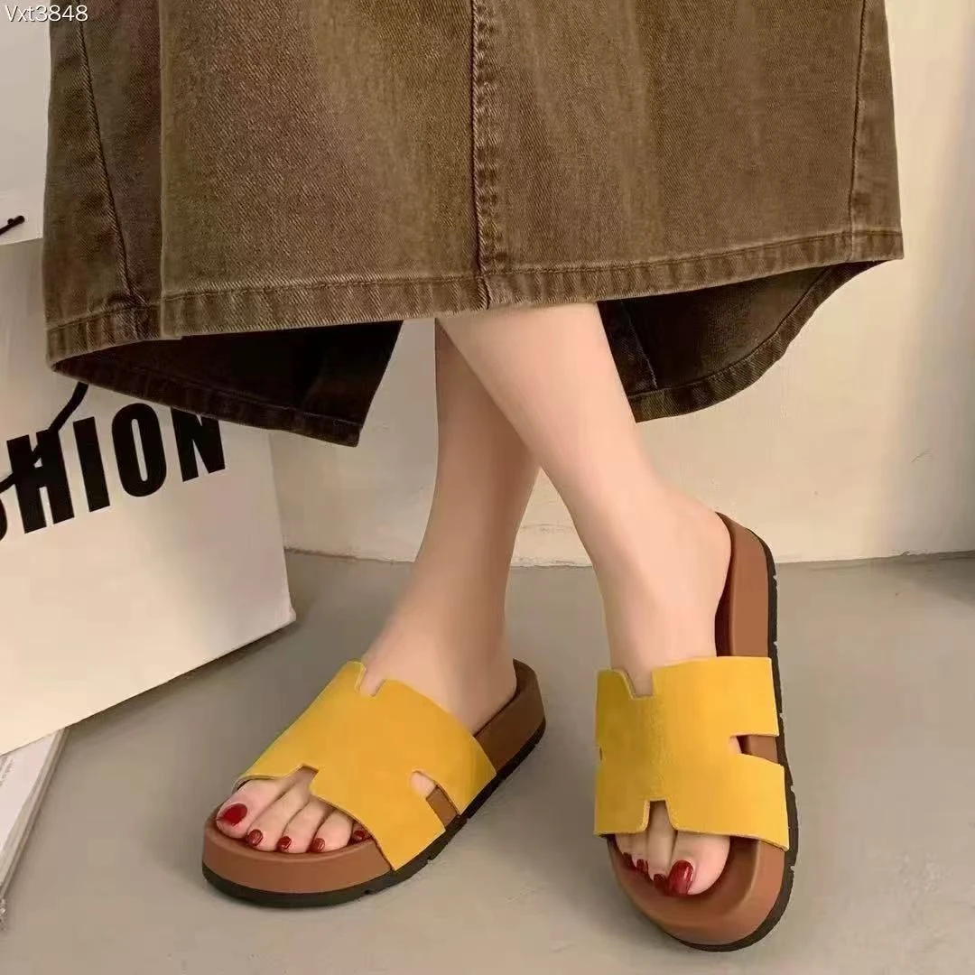 C5900 黄色 厚底一字拖鞋2025新款夏季外穿编织沙滩女鞋